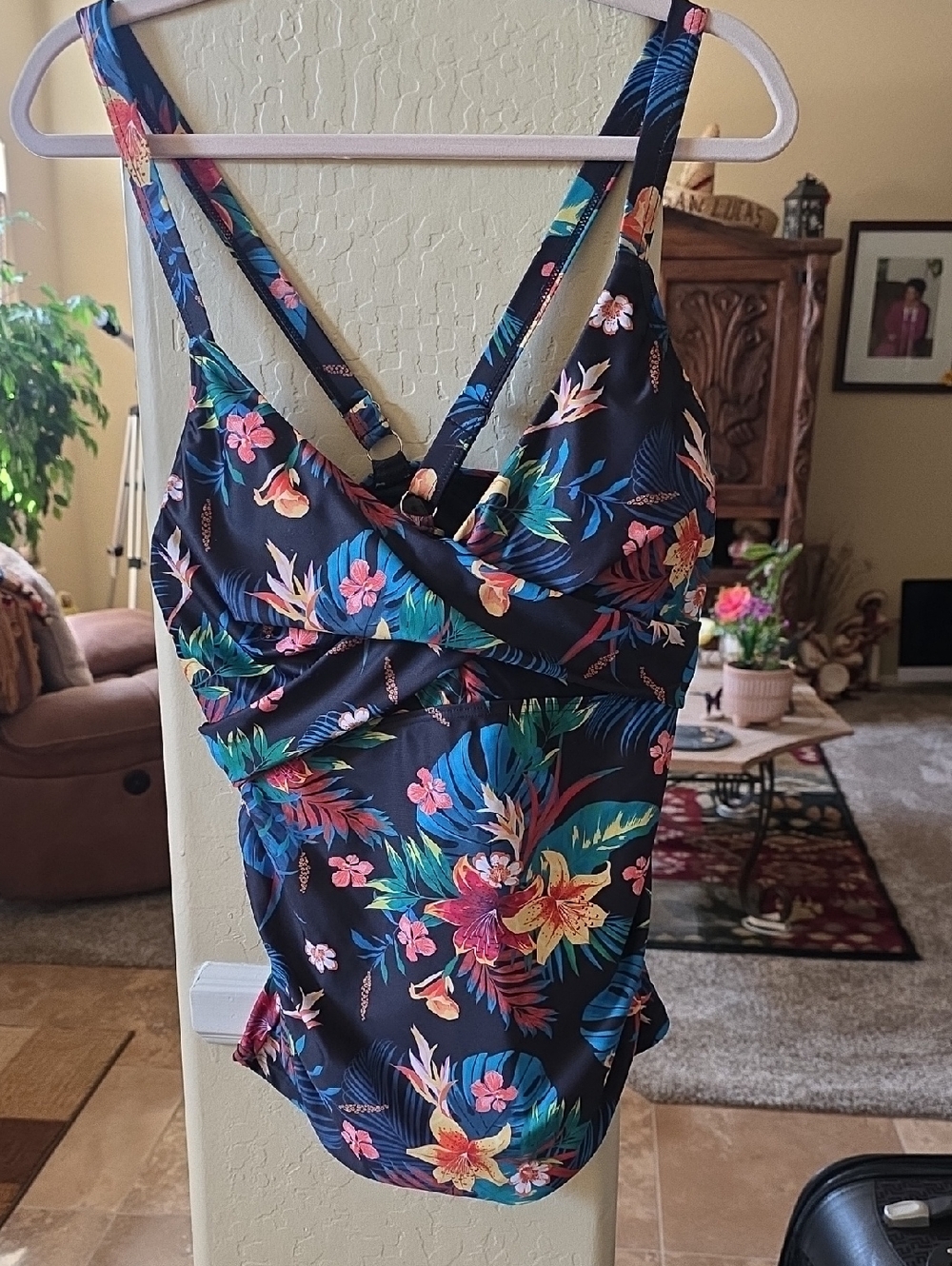 Womans Black Tropical Floral One-Piece Swimsuit